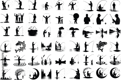 Fishing Rod Vector Icons – Outdoor Hobby Silhouette Pack Man with Fishing Rod Silhouette Set – Peaceful Angling Icon Collection