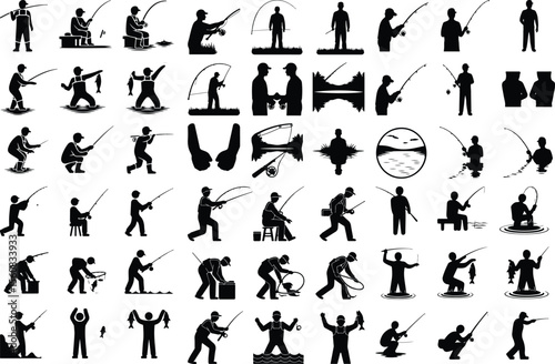 Fishing Rod Vector Icons – Outdoor Hobby Silhouette Pack Man with Fishing Rod Silhouette Set – Peaceful Angling Icon Collection
