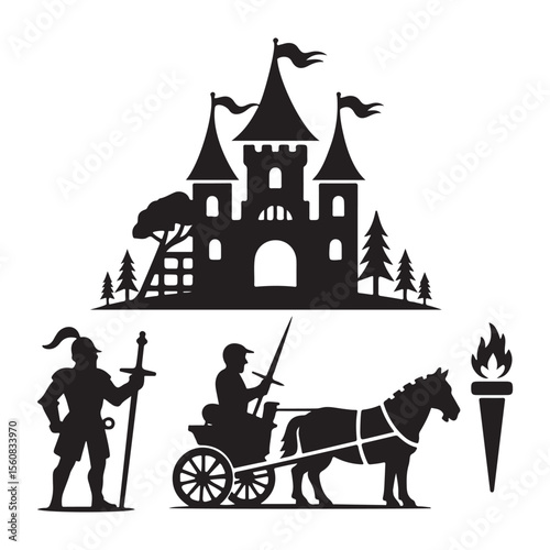 Medieval Castle Knight Chariot Torch sword