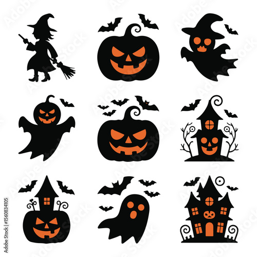 Halloween silhouettes witch pumpkin ghost haunted house bats