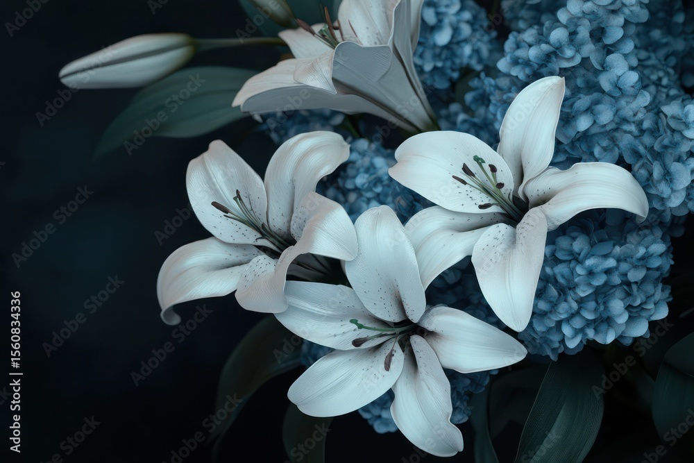 Fototapeta premium Blue Hydrangea and White Lily Bouquet with Timeless Floral Charm. Floral Bouquet Background