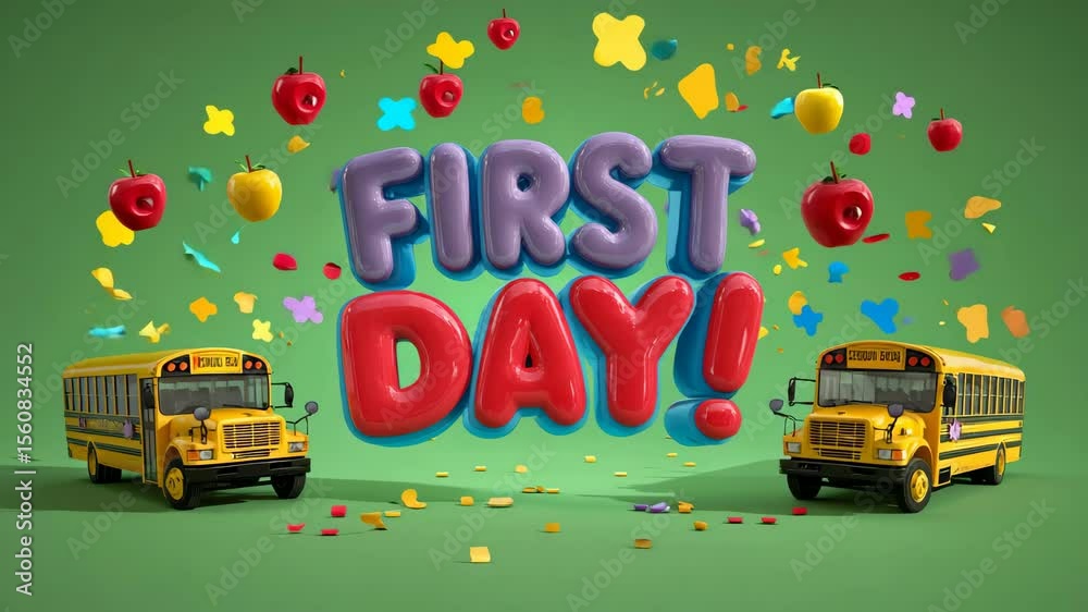 Excitement fills the air as two cheerful school buses and vibrant decorations mark the joyous first day of school, inviting students to a new adventure