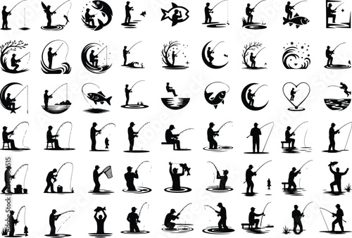 Fishing Rod Vector Icons – Outdoor Hobby Silhouette Pack Man with Fishing Rod Silhouette Set – Peaceful Angling Icon Collection