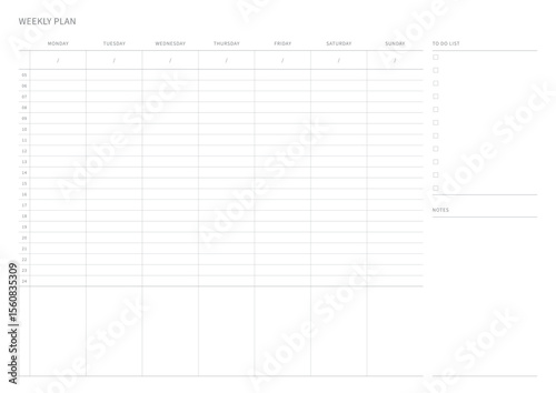 A weekly plan design template in a modern, simple, and minimalist style. Note, scheduler, diary, calendar, planner document template illustration.