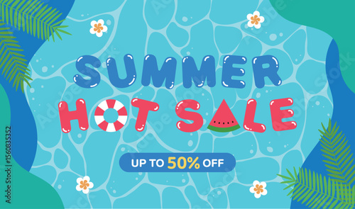 Tropical summer sale banner with palm trees, watermelon slices, flowers, tubes and pool water background, perfect for hot season promotions and digital marketing.