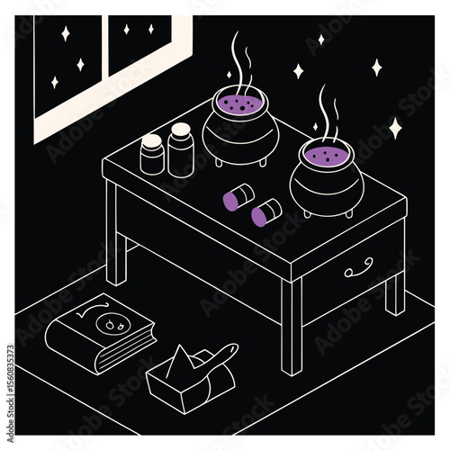  cozy illustration of a witch's table, illuminated by a starry night, with steaming cauldrons and spell components creating an atmosphere of magical artistry.