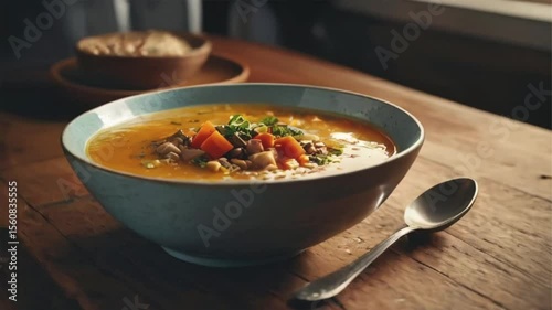 Bowl of Soup on Kitchen Table with Cozy Warm Light