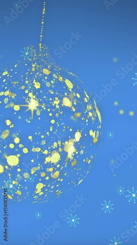 Animation of gold christmas bauble swinging over snowflakes and holly leaves on blue background