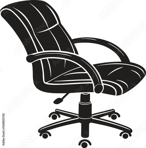 Front View Solid Black Office Chair Silhouette – Simple Ergonomic Design Illustration with Casters Armrests and Back Support on Transparent Background