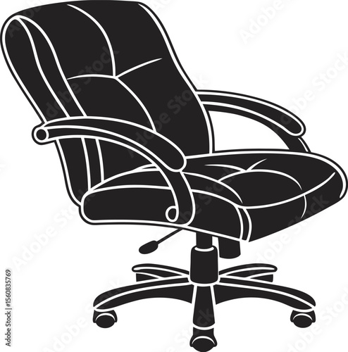 Minimalist Black Office Chair Silhouette Icon Transparent Background Vector of Ergonomic Chair with Wheels and Armrests