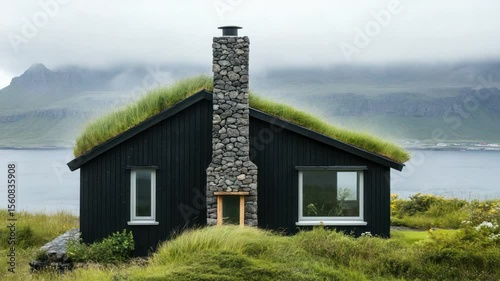 Black-sided home with a grassy roof sits on a grassy hillside overlooking a body of water and misty mountains