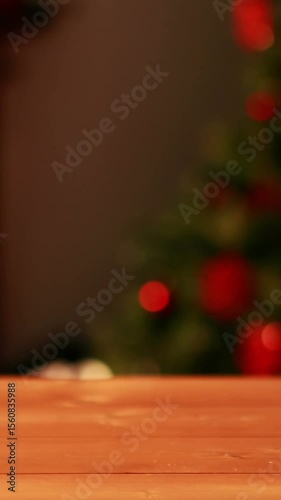 Animation of shiny purple christmas bauble over defocussed fairy lights flashing on tree