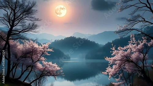 Moonlit Lake with Cherry Blossoms.