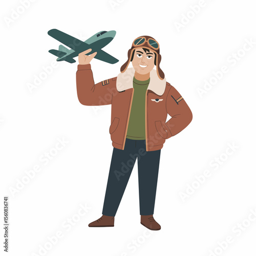Cartoon Pilot Character Holding Toy Airplane