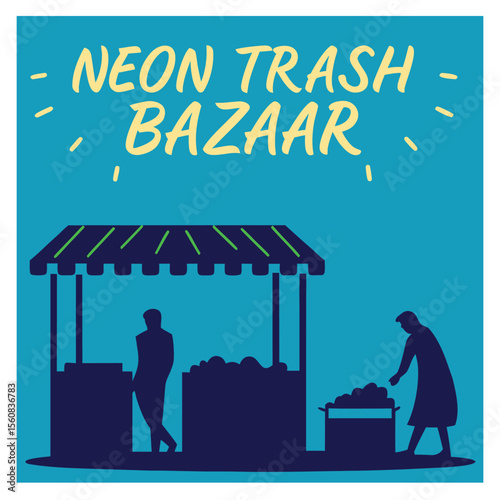  illustration depicts a vibrant neon-lit trash bazaar, showcasing two figures, a vendor and a customer, interacting amidst a display of assorted goods.