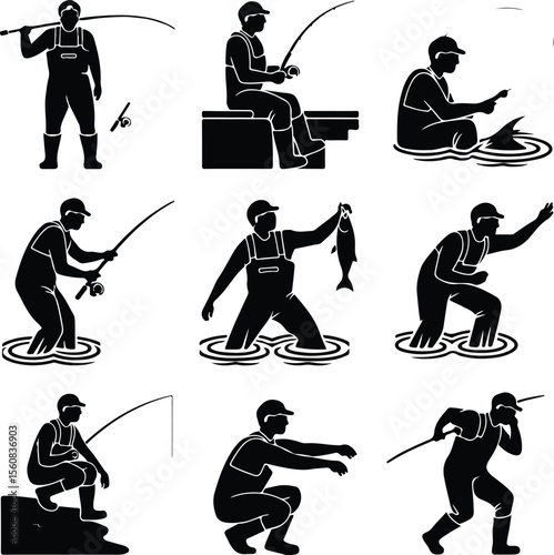 Fishing Rod Vector Icons – Outdoor Hobby Silhouette Pack Man with Fishing Rod Silhouette Set – Peaceful Angling Icon Collection