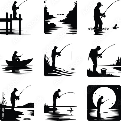 Fishing Rod Vector Icons – Outdoor Hobby Silhouette Pack Man with Fishing Rod Silhouette Set – Peaceful Angling Icon Collection