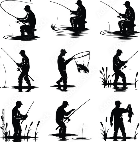 Fishing Rod Vector Icons – Outdoor Hobby Silhouette Pack Man with Fishing Rod Silhouette Set – Peaceful Angling Icon Collection