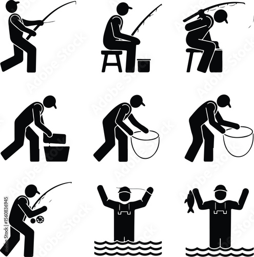 Fishing Rod Vector Icons – Outdoor Hobby Silhouette Pack Man with Fishing Rod Silhouette Set – Peaceful Angling Icon Collection
