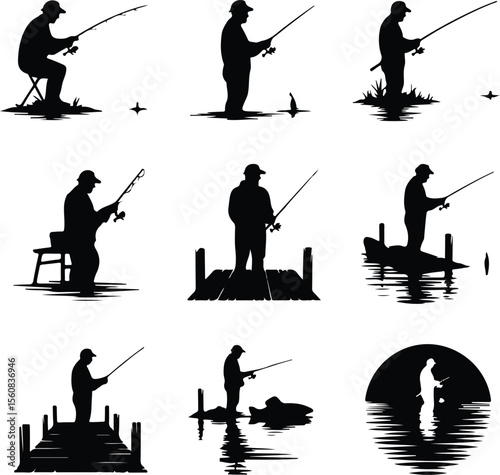 Fishing Rod Vector Icons – Outdoor Hobby Silhouette Pack Man with Fishing Rod Silhouette Set – Peaceful Angling Icon Collection