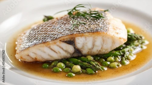 Pan-seared fish fillet with asparagus and peas in a sauce