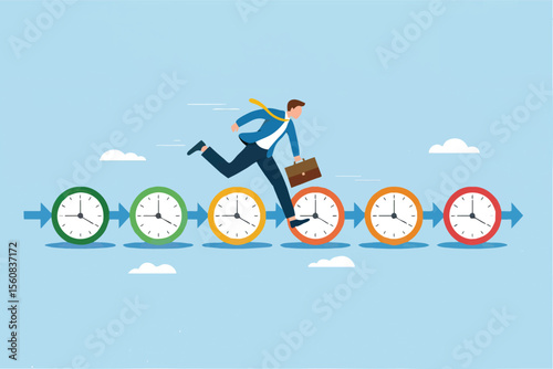 Businessman running on clocks isolated on transparent background