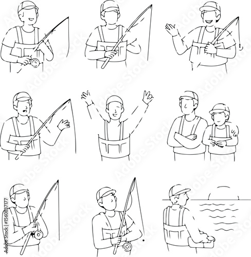 Fishing Rod Vector Icons – Outdoor Hobby Silhouette Pack Man with Fishing Rod Silhouette Set – Peaceful Angling Icon Collection