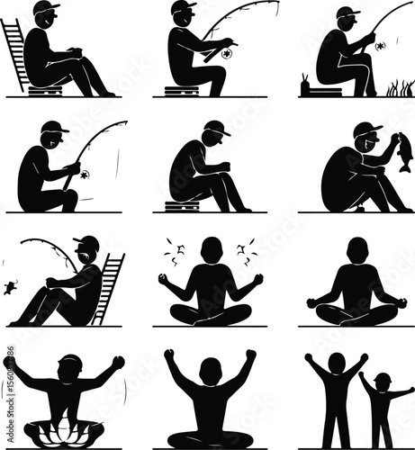 Fishing Rod Vector Icons – Outdoor Hobby Silhouette Pack Man with Fishing Rod Silhouette Set – Peaceful Angling Icon Collection