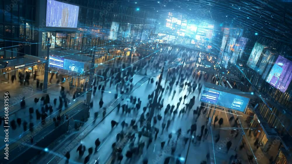 Large groups of people hustle through a vibrant city street illuminated by digital screens as the evening rush hour creates a lively atmosphere