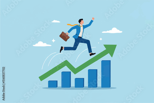 Businessman running up a growth chart isolated on transparent background