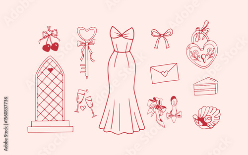 Wedding doodle icon set. Romantic hand drawn love elements in red and pink for cards and packaging. Vector illustration