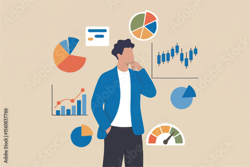 Man surrounded by charts and graphs isolated on transparent background