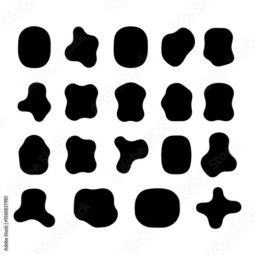 Collection of twenty organic black irregular blob shapes with rounded edges on a white background. SVG
