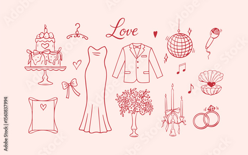 Wedding doodle icon set. Romantic hand drawn love elements in red and pink for cards and packaging. Vector illustration