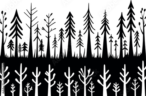 Forest Tree Line Outline Vector. Minimalist Woodland Silhouette Landscape Illustration.
