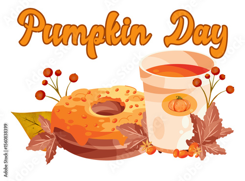 Charming “Pumpkin Day” vector with cozy fall elements: a pumpkin latte, frosted donut, autumn leaves, and berries. Perfect for seasonal campaigns, social media, or cozy autumn graphics.
