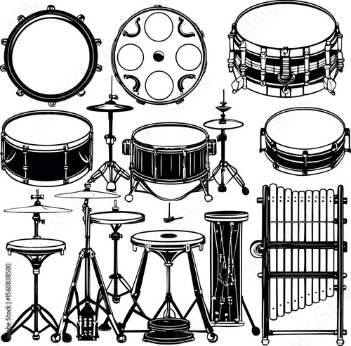 Percussion instruments outline set. Drums cymbals tambourine and more.
