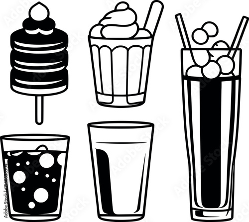 Indian sweets and drinks outline icons. Kulfi kaju katli gola and chaas in vector line art set.