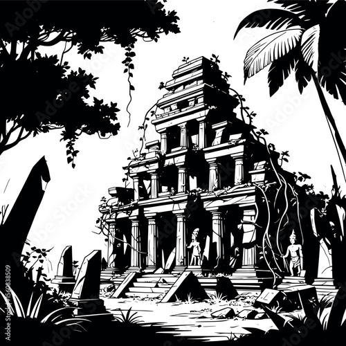 Ancient temple outline. Jungle ruins concept with vines and broken stone statues.