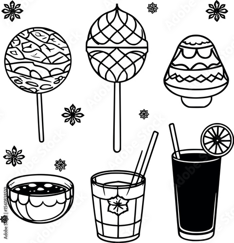 Indian sweets and drinks outline icons. Kulfi kaju katli gola and chaas in vector line art set.