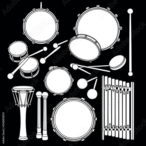 Percussion instruments outline set. Drums cymbals tambourine and more.