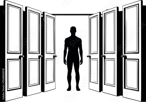 Outline vector of person facing open doors. Symbol of choice and future possibilities.