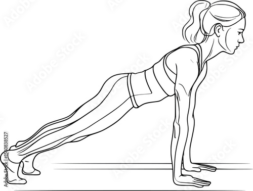 Plank exercise continuous line art. Single stroke outline showing proper form for fitness guides and workout instructions.