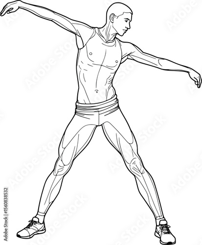Hamstring stretch continuous line art. Single-stroke outline illustration for fitness guides and stretching programs.