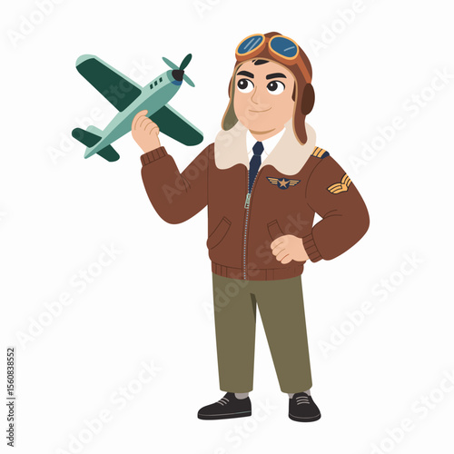 Cartoon Pilot Character Holding Toy Airplane