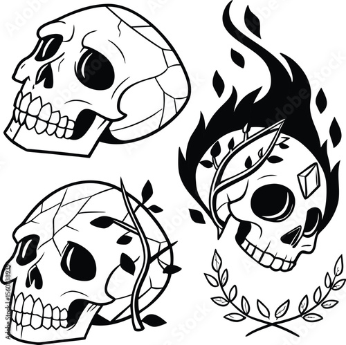 Vector art illustration of a human skull with wings and tattoos, symbolizing death, danger, and grunge horror
