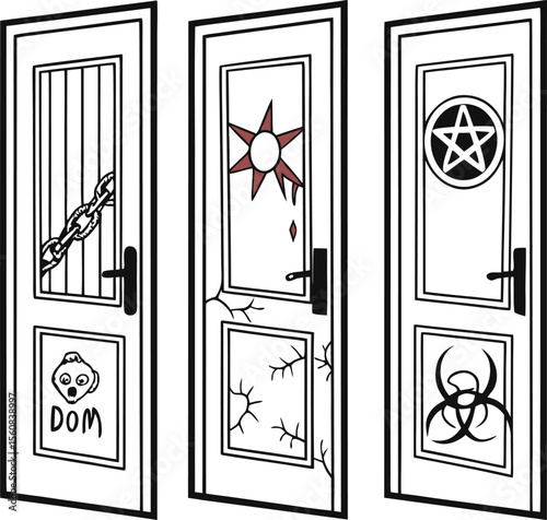Vector illustration of an old wooden door frame with glass window design for house entrance
