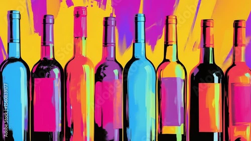 Arrangements of wine bottles set against a striking painted background. The modern urban aesthetic enhances the visual appeal, showcasing various bottle shapes and hues