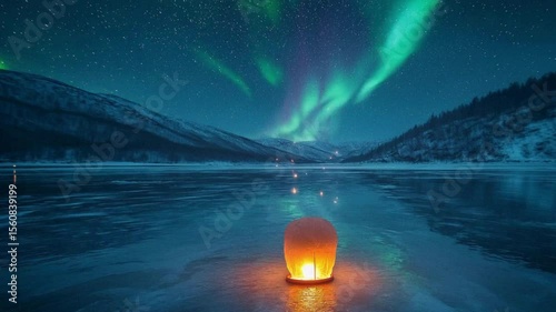 Orange Lantern on Frozen Lake Aurora and Starry Winter Sky in Snowy Forest Landscape Video