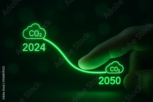 Finger touches glowing green line connecting carbon dioxide clouds touching